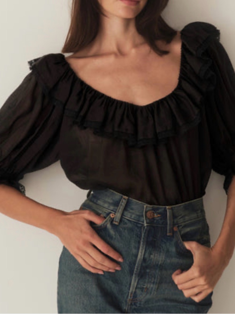 Doen Black Ruffled Square-Neck Blouse